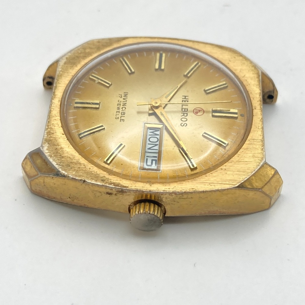 Vintage Helbros Invincible Men's Watch Gold Tone 17 Jewels 34mm Manual Wind Up - Picture 3 of 8